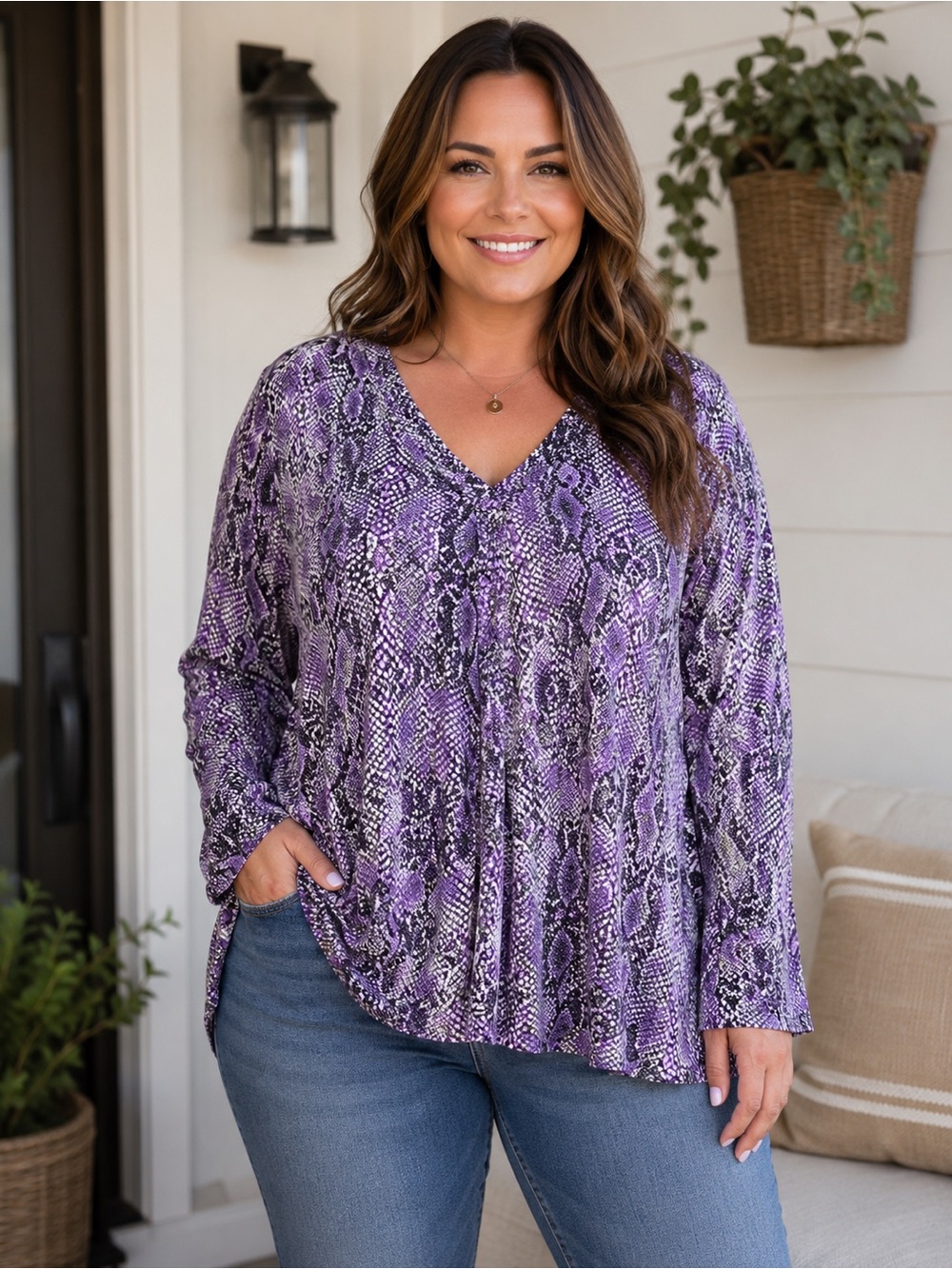 Dana Buchman Purple Snake-Print V-Neck Long Sleeve Tee